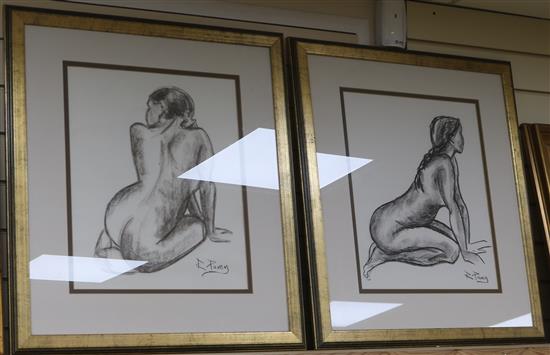 Rosemary Pavey, pair of charcoal drawings, kneeling nudes, signed, 46 x 39cm